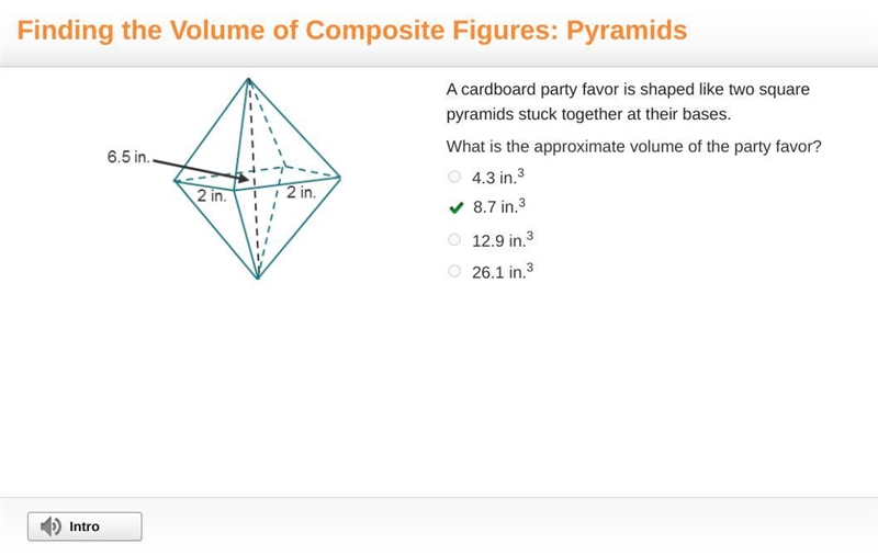 A cardboard party favor is shaped like two square pyramids stuck together at their-example-1