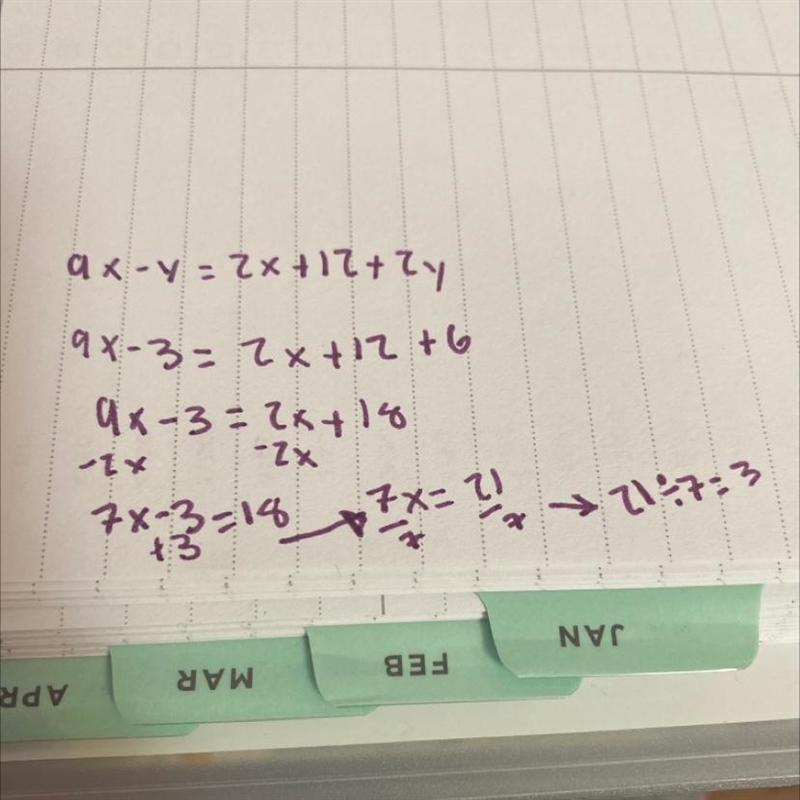 Complete the missing value in the solution to the equation: 8x + x - y = 2x + 12 + 2y-example-1