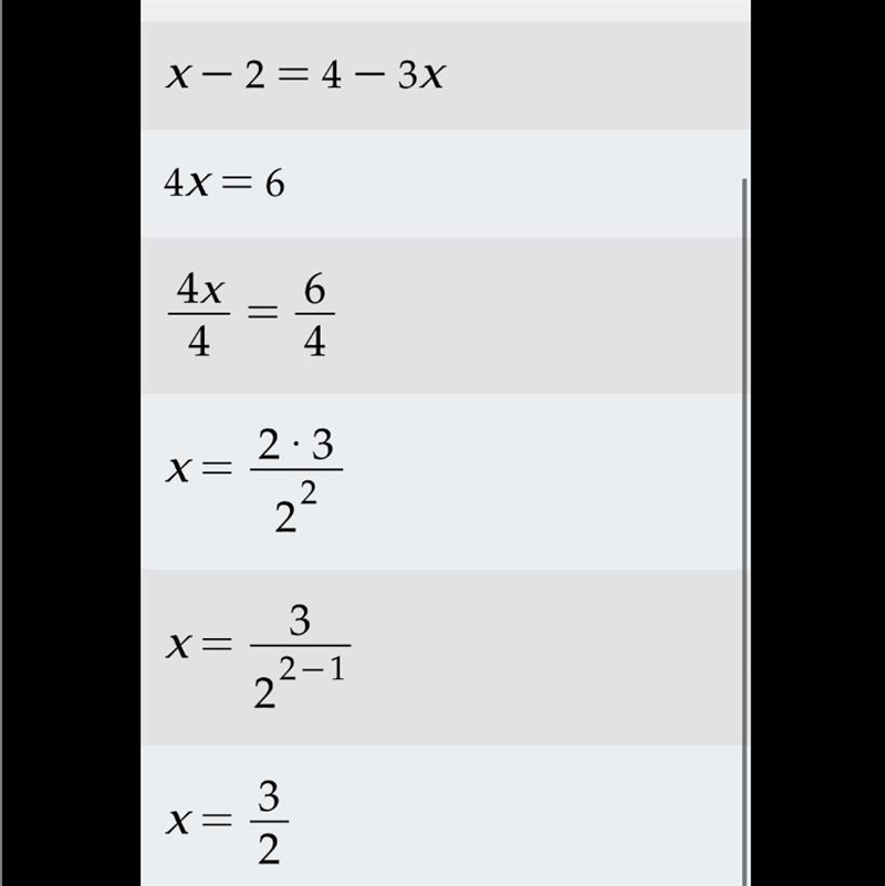 1 What value of x makes this equation true? x – 2 = 4 – 3x A 2/3 B 3/2 C 3/4 D 4/3-example-1