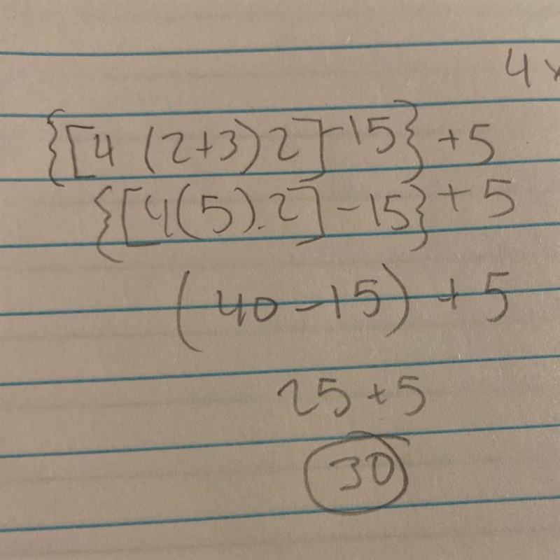 {[4 (2+3)2] - 15) + 5​-example-1