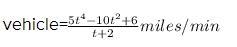 A vehicle travels a distance of 5t4 − 10t2 + 6 miles in t + 2 minutes. The vehicle-example-1