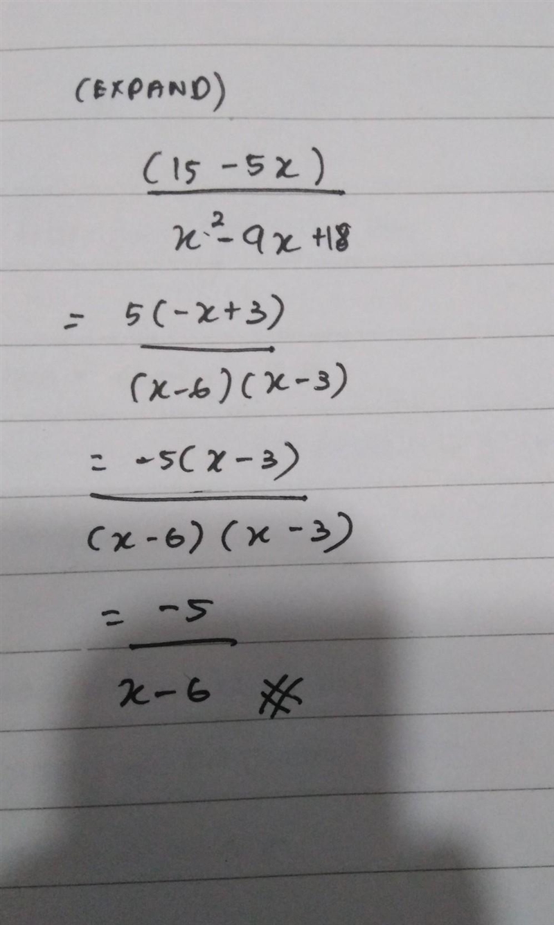 What kind of expression is (15-5x)/x^2 -9x +18?-example-1