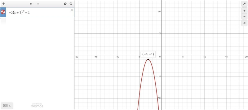 For the function f(x) = −2(x + 3)2 − 1, identify the vertex, domain, and range.-example-1