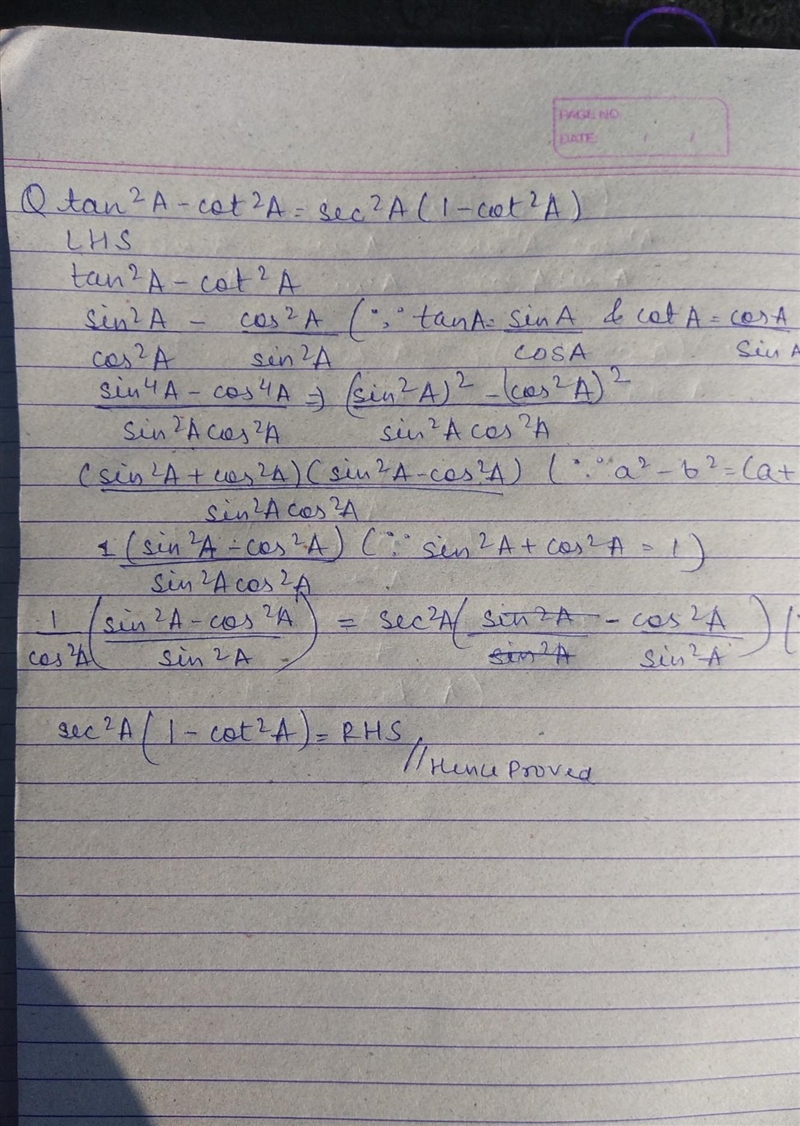 Tan²A -cot²A = sec²A(1-cot²).Trigonometic Identity​-example-1