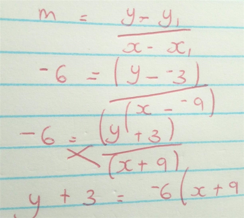 Which equation represents a line that passes through (–9, –3) and has a slope of –6? y-example-1