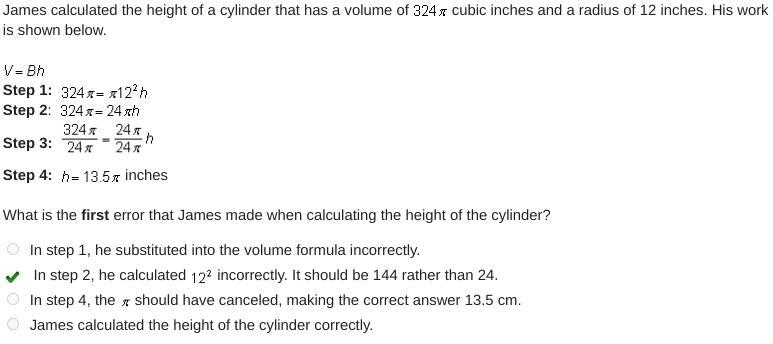 James calculated the height of a cylinder that has a volume of 324 pi cubic inches-example-1