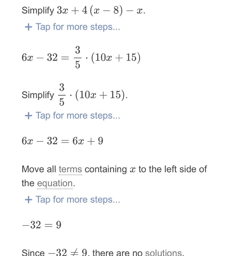 Math help pls 3x+4(x-8)-x=3/5(10x+15)-example-1