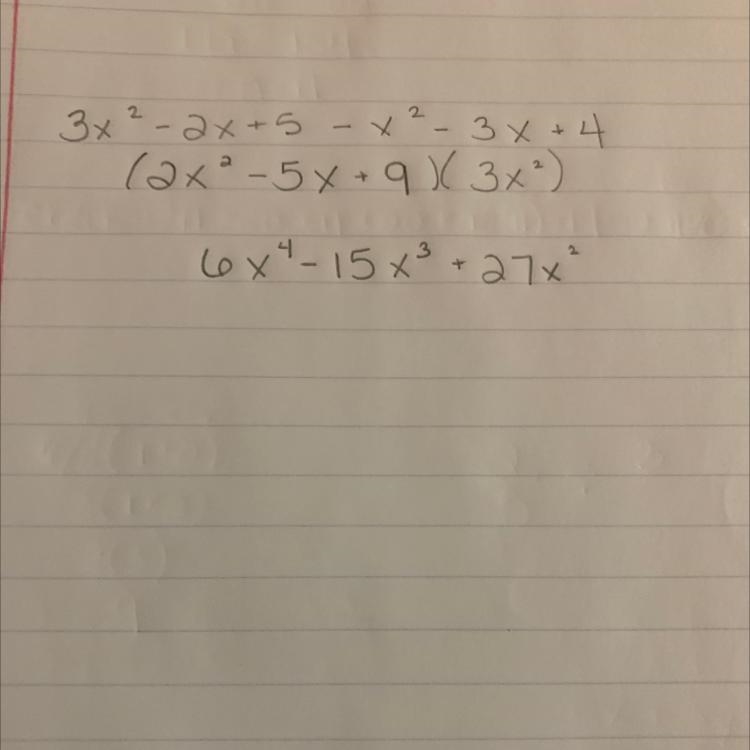 If the difference (3x ^ 2 - 2x + 5) - (x ^ 2 + 3x - 2) is multiplied by 3x ^ 2 , what-example-1