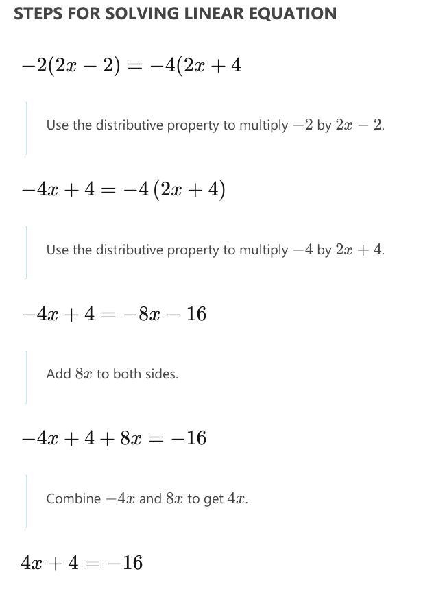 Solve this equation -2(2x - 2) = -4(2x + 4-example-1