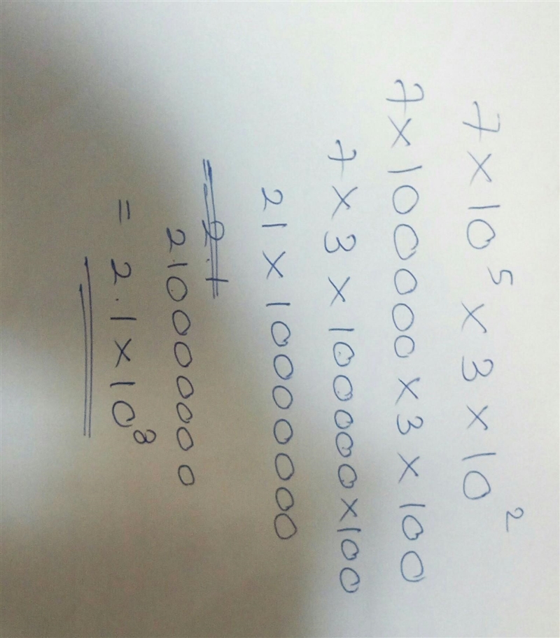 What is (7 x 10 to the power of 5) x (3 x 10 to the power of 2) standard form-example-1