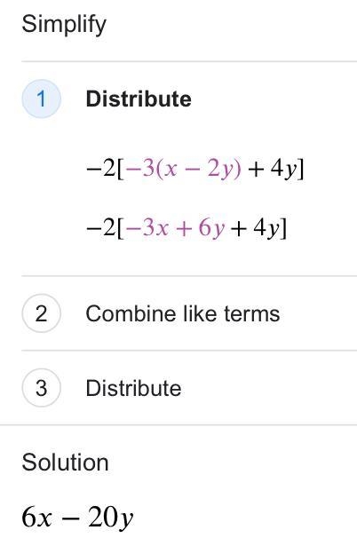 Simplify: −2[−3(x − 2y) + 4y]. thanks!-example-1