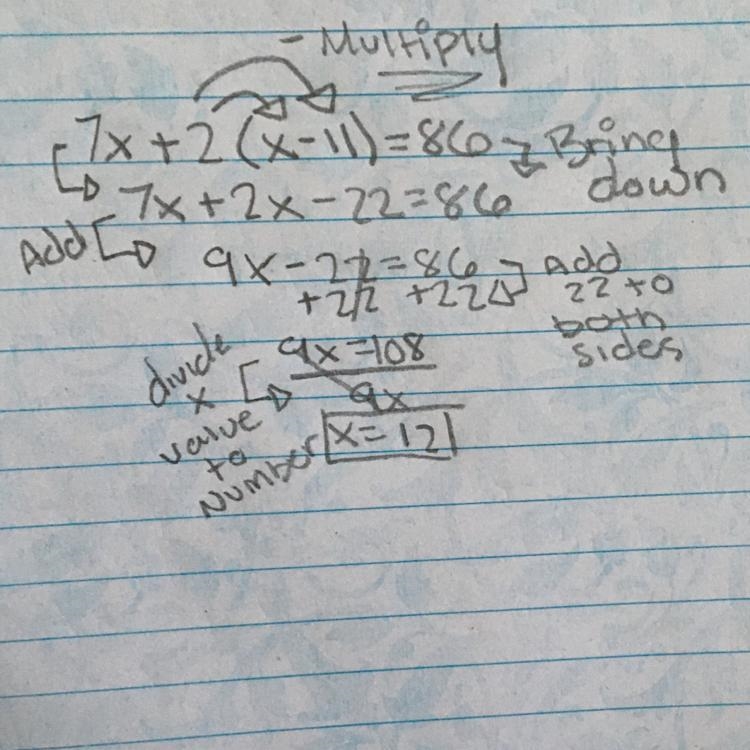 Solve for x 7x+2(x-11)=86-example-1