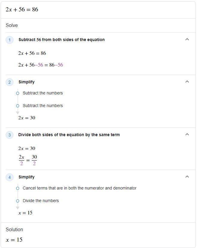 What is 2x+56=86? Get X by itself.-example-1