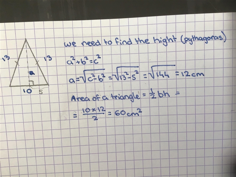 A triangle has a base of 10 cm its other sides are both 13cm long calculate the area-example-1