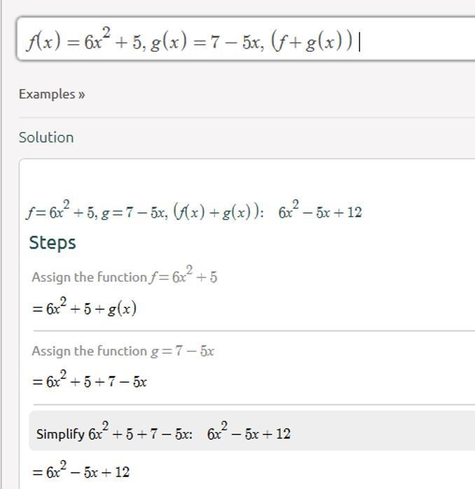 Find (f+g)(x) and (f-g)(x) for f(x)=6x^2+5 and g(x)=7-5x-example-2