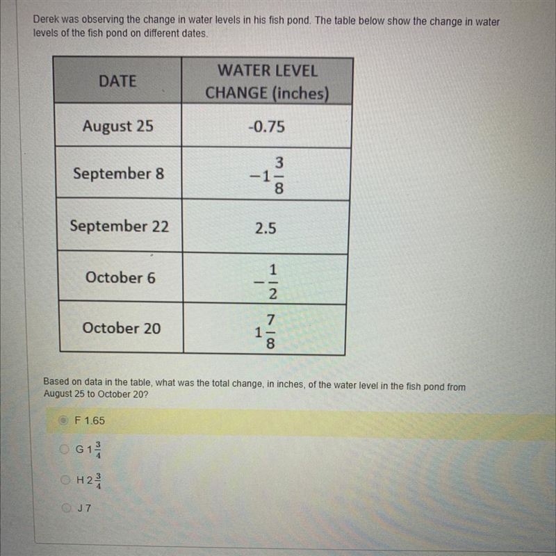 8. Derek was observing the change in water levels in his fish pond. The table below-example-1