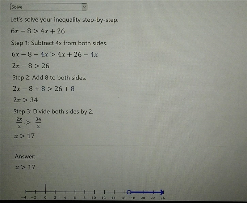 Solve the inequality 6x - 8 > 4x + 26. A. x < 9 B. x < 17 C. x > 9 D. x-example-1