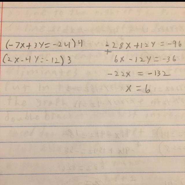 Topic is Solving Systems by Elimination. Need the work - 7x + 3y =- 24 2x - 4y =- 12-example-1