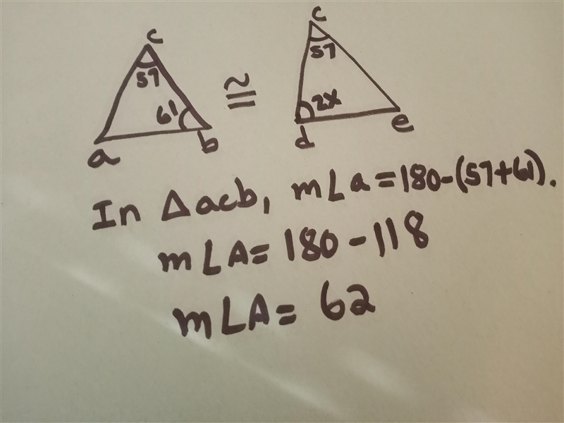 Δacb ≅ Δdce ∠b=61°, ∠c=57° and ∠d=2x x=-example-1