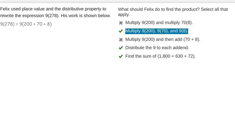 Felix used place value and the distributive property to rewrite the expression 9(278). His-example-1