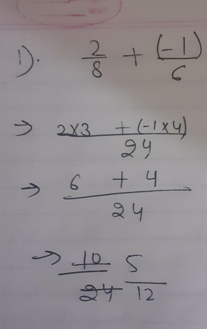 What is the sum of2/8 and (-1/6)-example-1