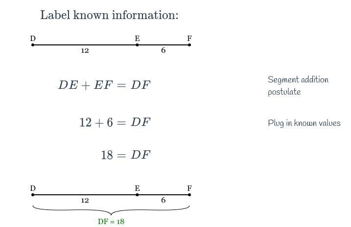 Point E is on line segment DF. Given DE = 12 and EF = 6, determine the length LF.-example-1