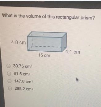 What is the volume of this rectangular prism? 30.75 cm^3 61.5 cm^3 147.6 cm^3 295.2 cm-example-1