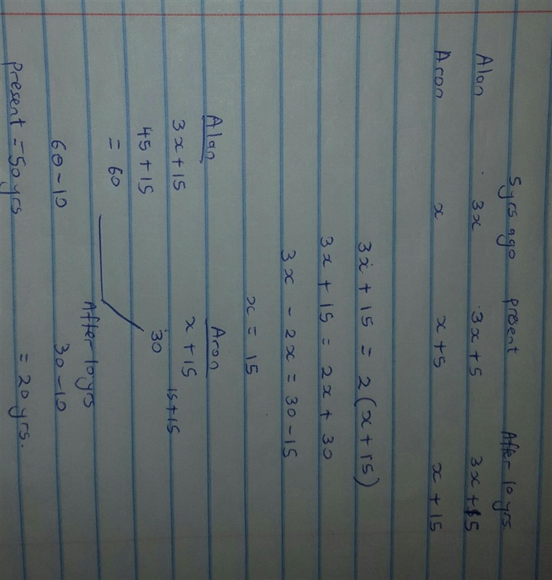 Five years ago, Alan was thrice as old as Aron. After ten years, Alan will be twice-example-1