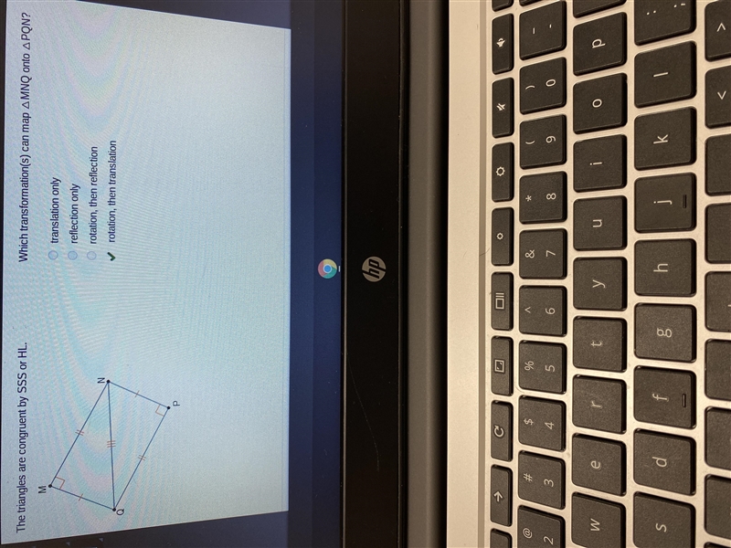 The triangles are congruent by SSS or HL. Which transformation(s) can map MNQ onto-example-1