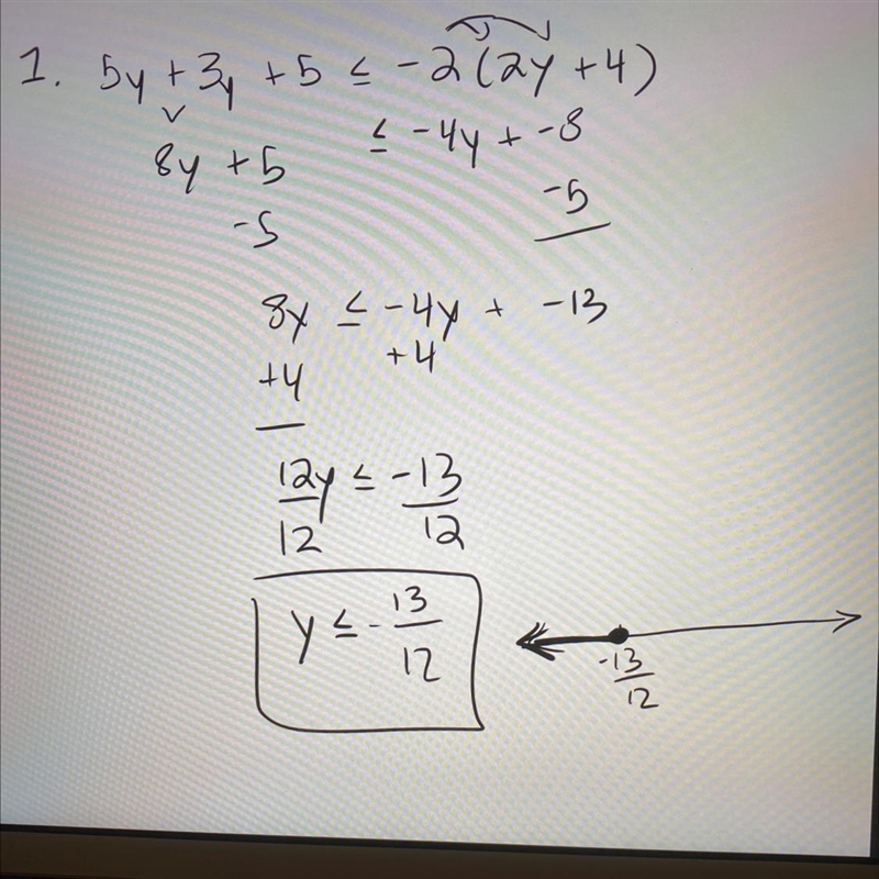 Solve each inequality and graph the solution. 1. 5y + 3y + 5 ≤ ‐2(2y + 4) 2 .4n – 2n-example-1