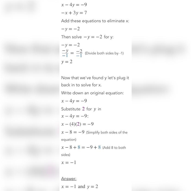 Solve for elimination x-4y= -9 and -x+3y=7-example-1