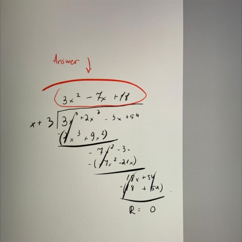 HELPPP ACELLUS ALGEBRA 2 Divide. 3x^3 + 2x^2 – 3x + 54 /x + 3-example-1