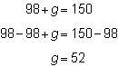 What is the solution to the equation? 98 + g = 150 98 + g = 150. 98 + 98 + g = 150 minus-example-1