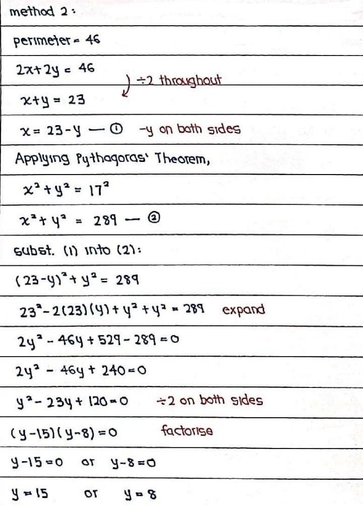 The perimeter of a rectangle is 46 inches and the diagonal is 17 inches. Find the-example-3