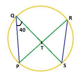 Circle T is shown. Line segments P R and Q S are diameters. Lines are drawn to connect-example-1