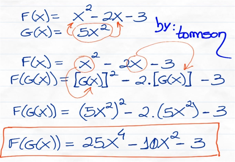 F(x) = x^2- 2x- 3 g(x) = 5x^2 ² Find f (g(x)) --example-1