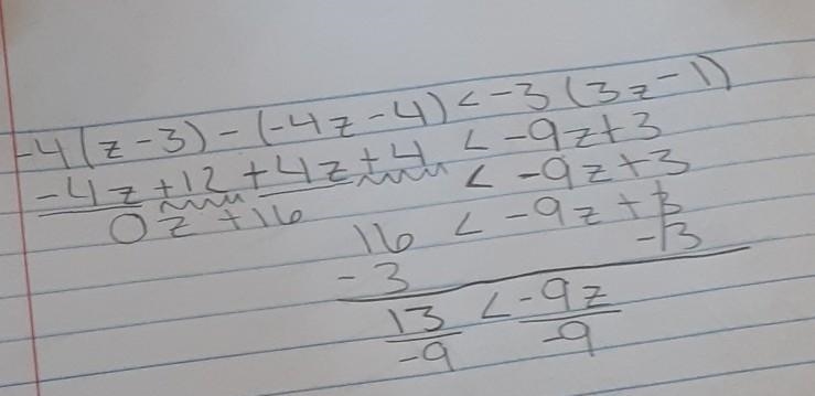 Given that ZEQ, solve the inequality - 4(z - 3) - (- 4z - 4) < -3(3z - 1)-example-1