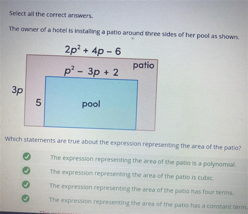 The owner of a hotel is installing a patio around three sides of her pool as shown-example-1