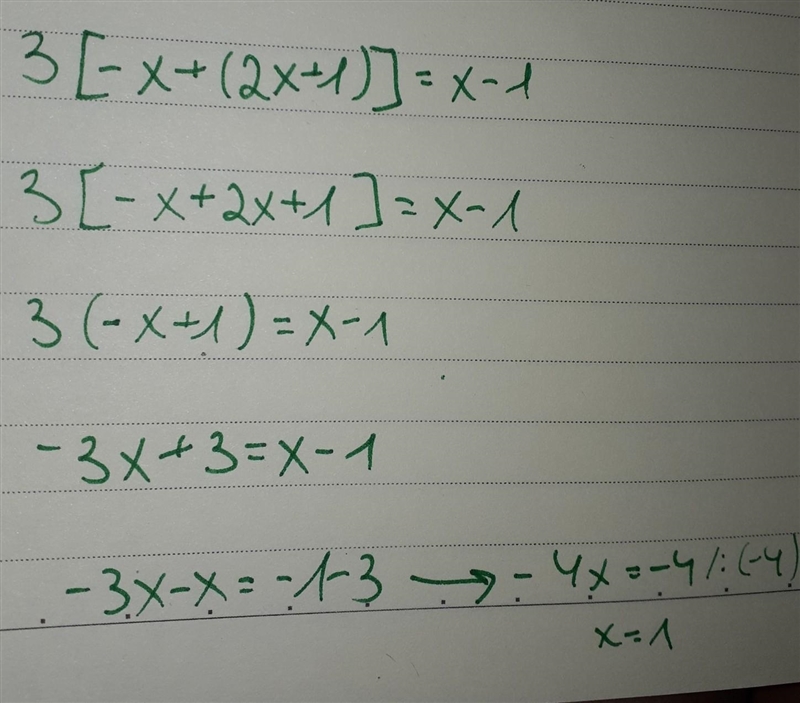 Solve 3[-x+(2x+1)]=x-1-example-1