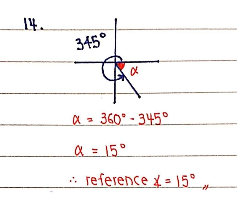 Find the measure of the reference angle for each given angle. Part 2 13. θ = -160° 14. θ = 345° 15. θ = =130°-example-2