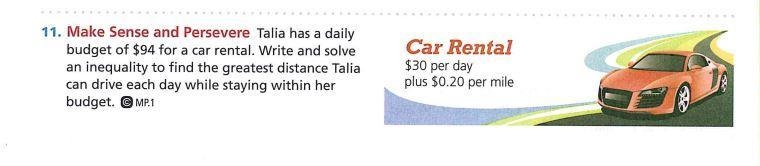 Talia has a daily budget of $94 for a car rental.write and solve an inequality to-example-1