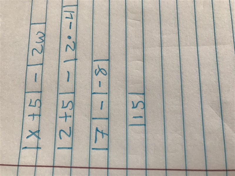 What is the absolute value of |x + 5| - | 2w | with x=2 & w= -4-example-1