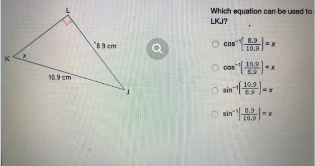 Which equation can be used to find the measure of angle LKJ? cos−1 = x cos−1 = x sin-example-1