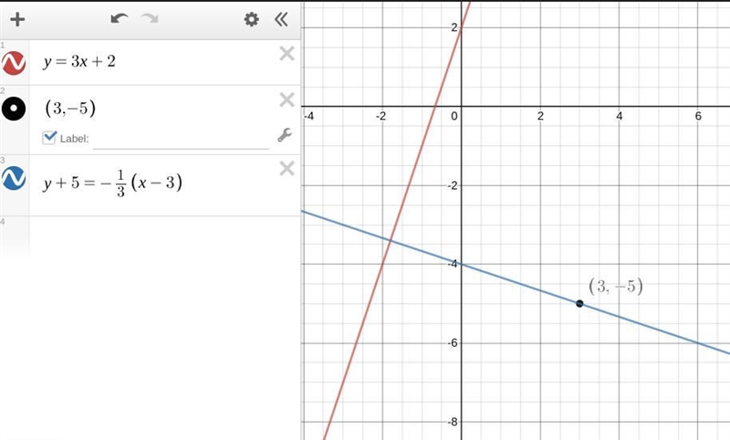 Write an equation of the line perpendicular to the given line that contains P. P(3. – 5); y-example-1