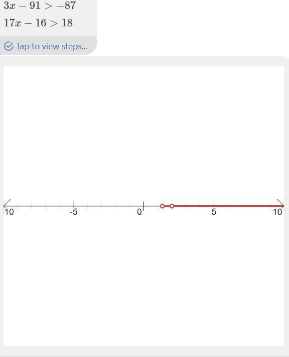 Solve for x and draw a number line. 3x−91>−87 AND 17x−16>18-example-1