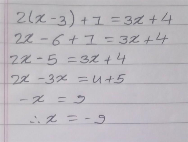 Im horrible at these :( 2(x - 3) + 1 = 3x + 4-example-1