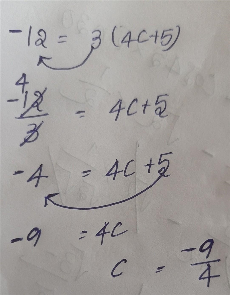 -12 = 3(4c + 5) step by step answer please!!-example-1