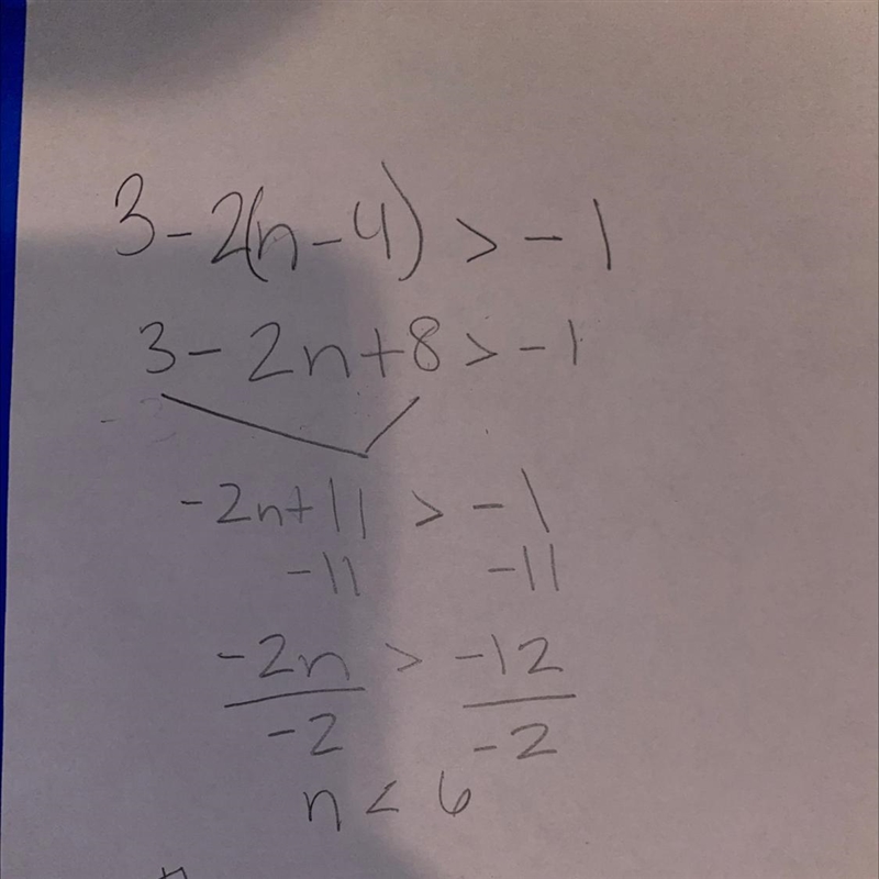 Solve for n: 3 − 2(n − 4) > −1-example-1