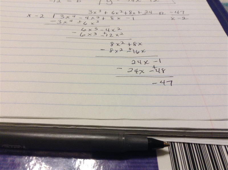 What is the quotient of (3x^4 - 4x^2 + 8x-1) ÷ (x-2)-example-1