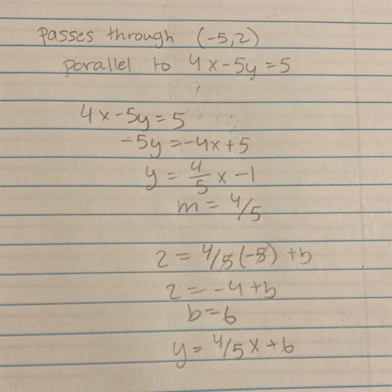 What is an equation of the line that passes through the point (-5, 2) and is parallel-example-1